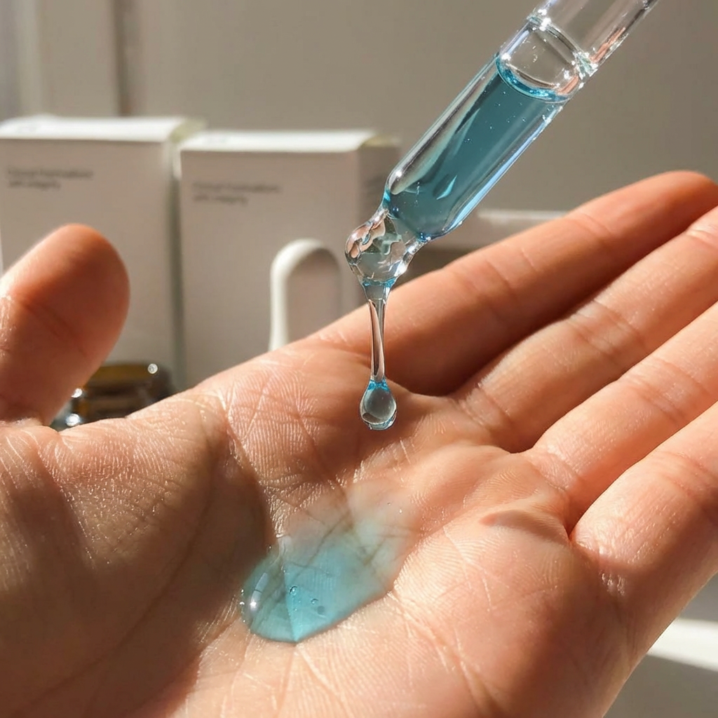 Sérum GHK-Cu azul aplicado na palma da mão com conta-gotas