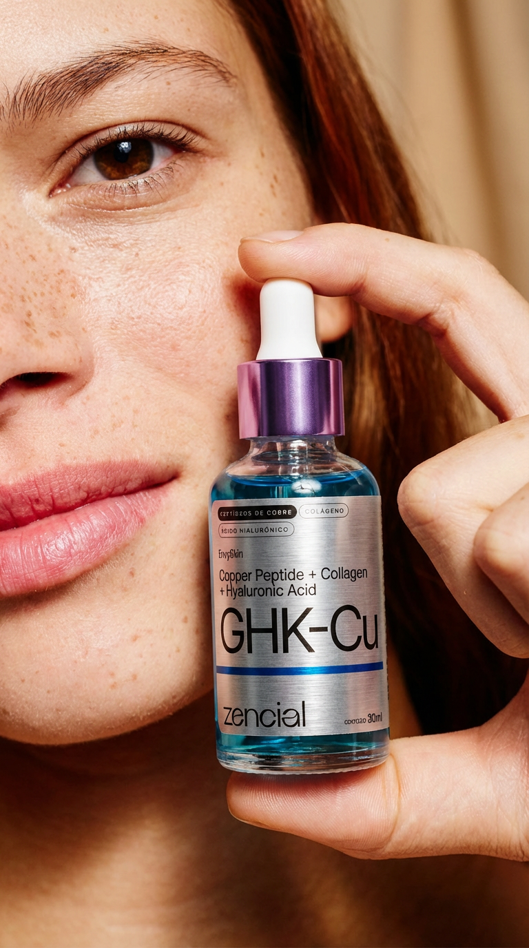 Mulher segurando o sérum GHK-Cu Zencial ao lado do rosto